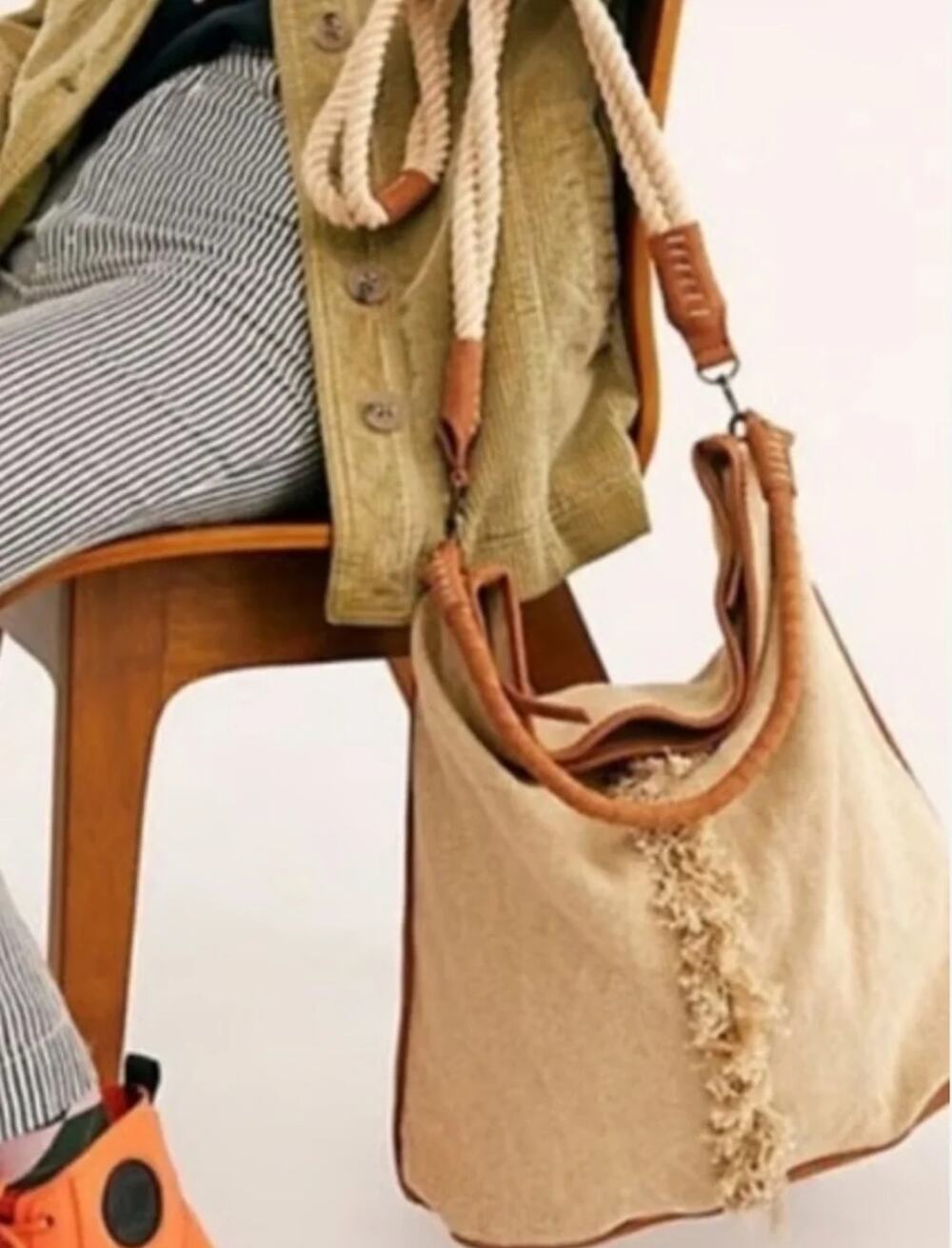 Free People Wilhelmina bucket tote bag leather cotton rope large